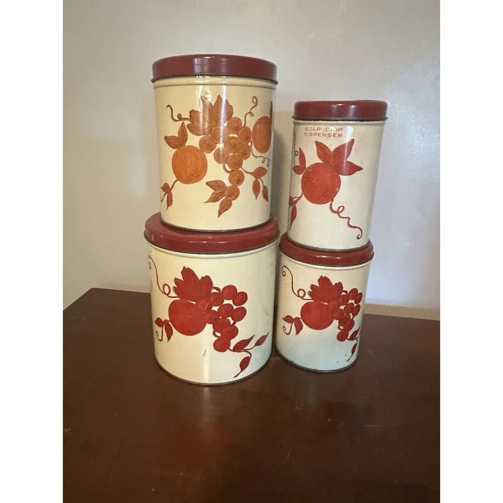 Vtg  4 Piece Tin Canister Set Fruit Design Kitchen Farmhouse Décor